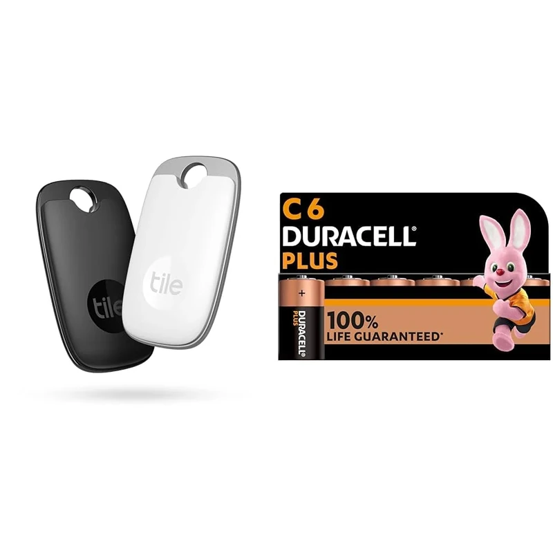 Tile Pro (2022) Bluetooth Item Finder, 2 Pack, 120m finding range, works with Alexa and Google Smart & Duracell Plus C Batteries (6 Pack) - Alkaline 1.5V - 100% Life Guarenteed