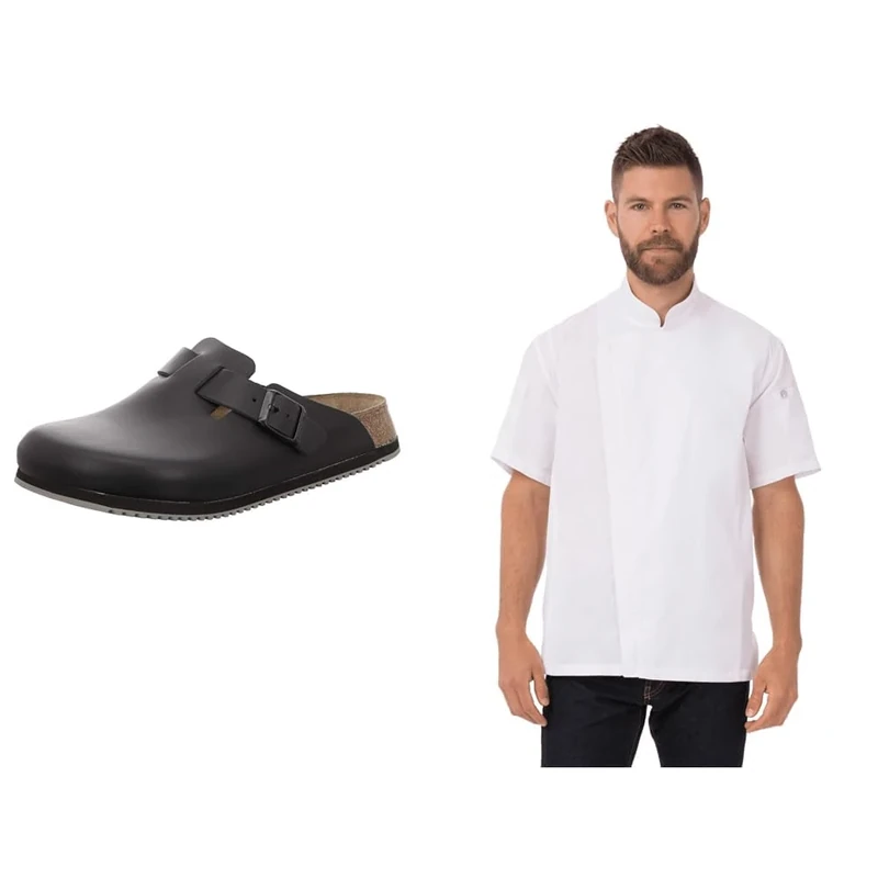 Birkenstock BB129-42 Super Grip Professional Boston Slip-Resistant Clogs | Black | Size 42EU / 8UK & Chef Works Men's Bcsz009whtl Chefs Jackets, White, L UK