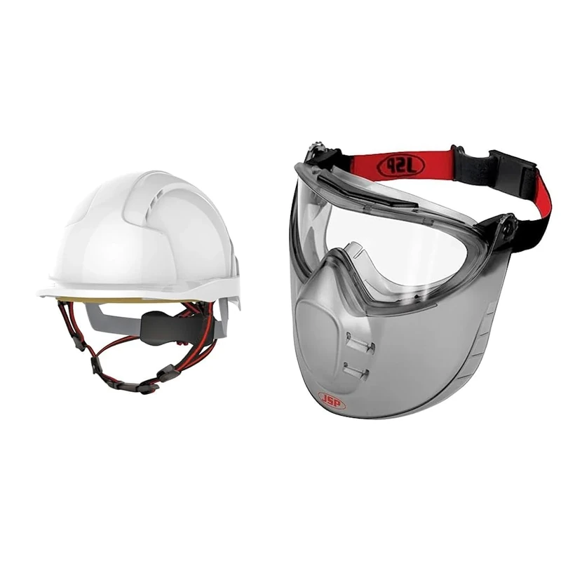 JSP EVOLite Skyworker White Industrial Working at Height Safety Helmet (AJS260-000-100), one size & Stealth 9200 Faceshield Goggle N Rated (AGW010-603-000)