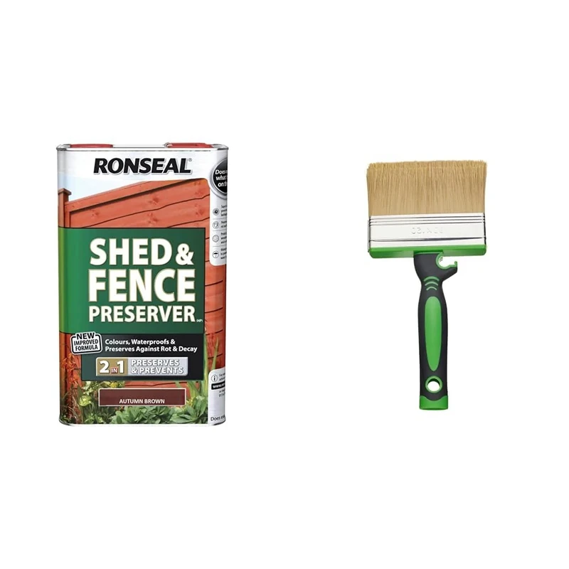 Ronseal RSLSFAB5L 5 Litre Shed and Fence Preserver - Autumn Brown & Fit for The Job 4 inch Large Capacity Shed and Fence Block Brush for Rapid Painting