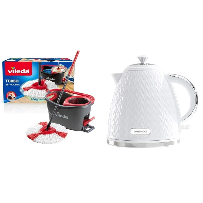 Vileda Turbo Microfibre Mop And Bucket Set, Spin Mop For Cleaning Floors, Set Of 1x Mop And 1x Bucke & Daewoo SDA1780 Argyle Collection, 1.7L, Electric Kettle With Removable Lid and Filter