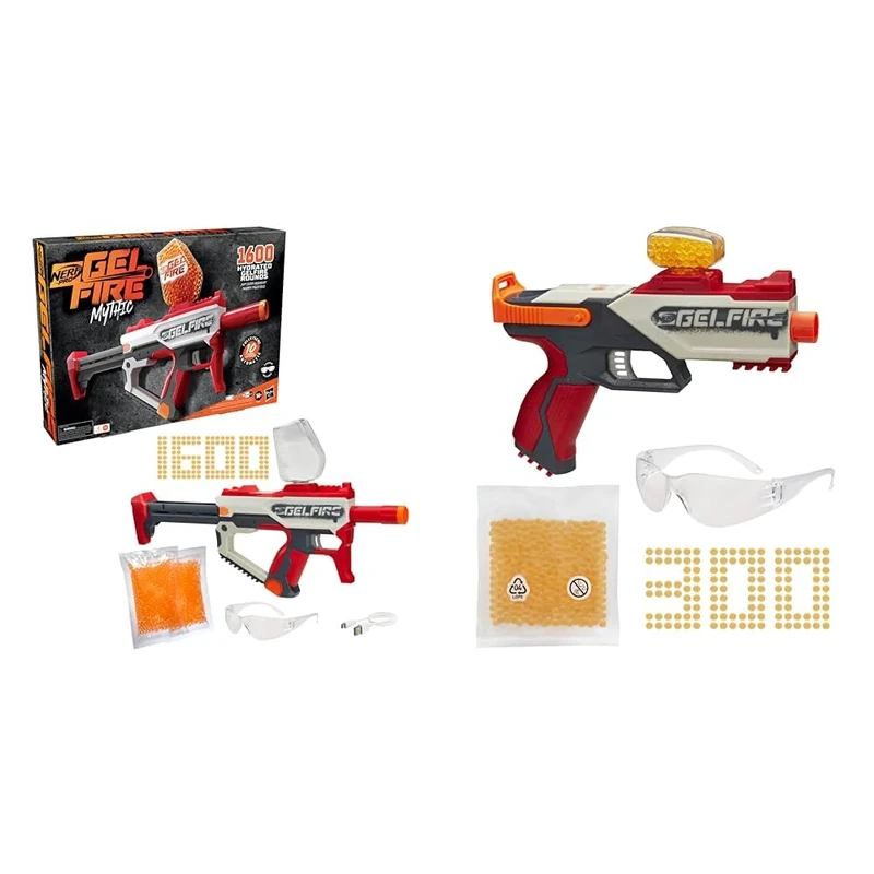 Nerf Pro Gelfire Mythic Blaster, 1,600 Gelfire Rounds, Hopper, Rechargeable Battery, Eyewear & Pro Gelfire Legion Spring Action Blaster, 5000 Gelfire Rounds, 130 Round Hopper