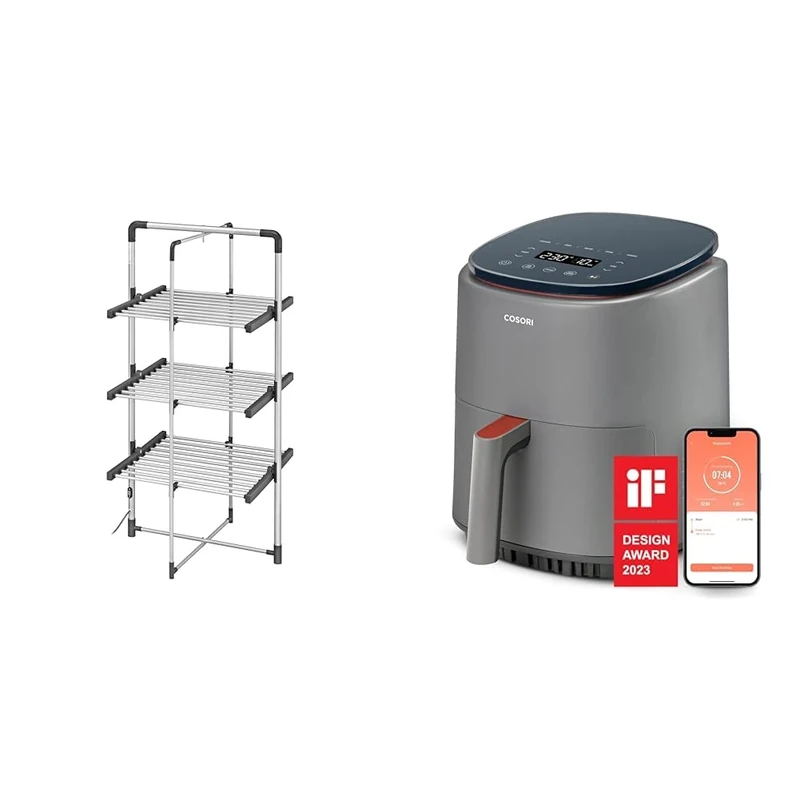 Black+Decker 63099 3-Tier Heated Clothes Airer Aluminium, Cool Grey, 140cm x 73cm x 68cm & COSORI Air Fryer Lite 3.8L, 75-230℃, Amazon Exclusive, 7 Cooking Functions, Smart Control, 1500W