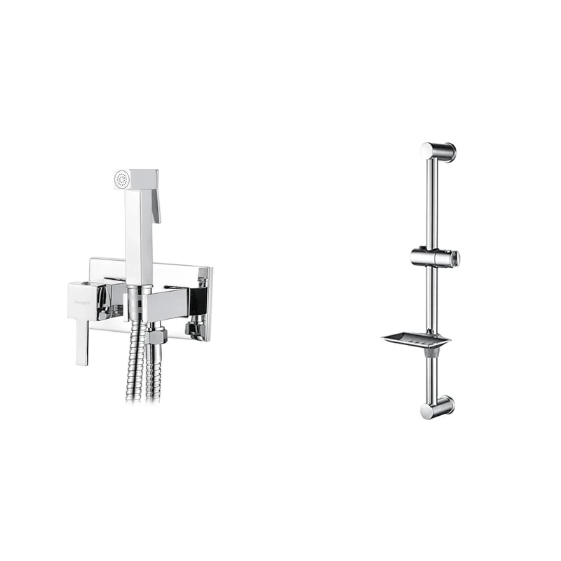 Ibergrif M22011 Square Concealed Shower Mixer Set, Hot and Cold Bidet Spray with Shattaf Sprayer & M20802 Shower Riser Rail, Wall Mounted Shower Slide Bar with Soap Dish Bracket Chrome