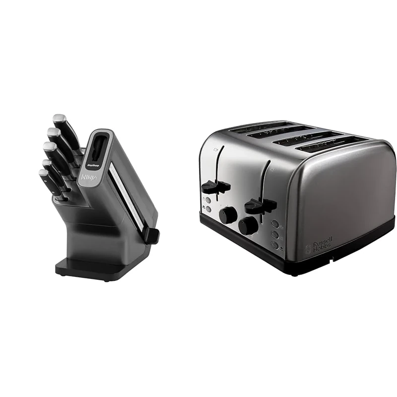 Ninja Foodi StaySharp Knife Block with Integrated Sharpener, 5-Piece Knife Set Includes Chef Knife & Russell Hobbs 4 Slice Toaster (High Lift Feature, 7 Browning Levels, Frozen/Cancel/Reheat Function