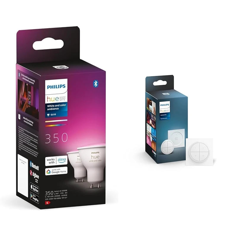 Philips Hue White and Colour Ambiance Smart Light 2 Pack [GU10 Spot] with Bluetooth. Works & Tap Dial Switch [White] Easy Smart Lighting Control. Indoor Home Lighting Automation