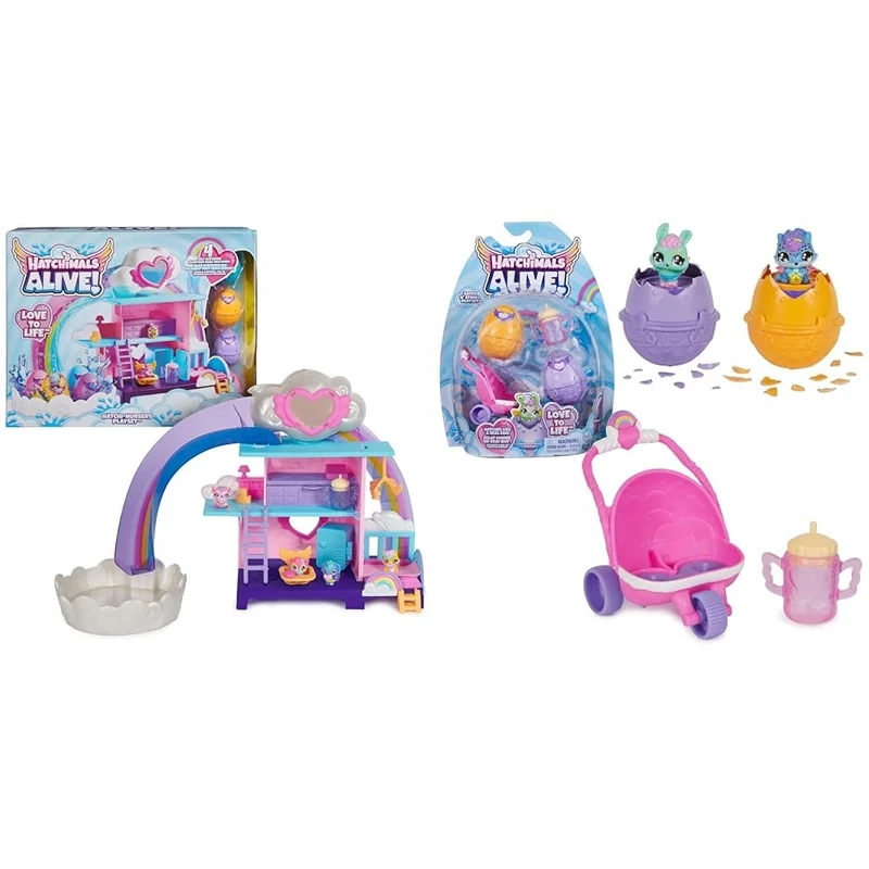 HATCHIMALS Alive, Hatchi-Nursery Playset Toy with 4 Mini Figures in Self-Hatching Eggs & Alive, Hatch N’ Stroll Playset with Pushchair Toy and 2 Mini Figure