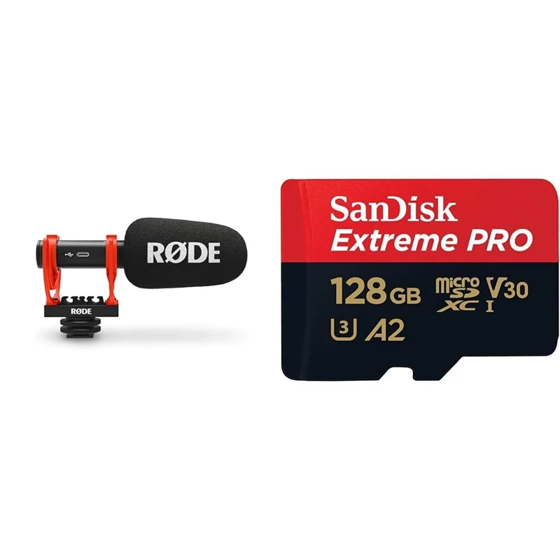 RØDE VideoMic GO II Ultra-compact and Lightweight Shotgun Microphone with USB Audio for Filmmaking & SanDisk 128GB Extreme PRO microSDXC card + SD adapter + RescuePro Deluxe, up to 200 MB/s