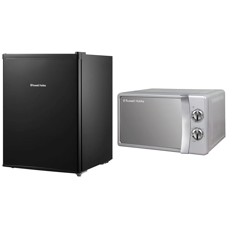 Russell Hobbs RHTTF67B 66 Litre Reversible Doors Table Top Mini Fridge, Black & RHMM701S 17 Litre 700 W Silver Solo Manual Microwave with 5 Power Levels, Ringer & Timer, Defrost Setting, Easy Clean
