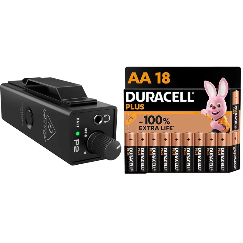 Behringer POWERPLAY P2 Ultra-Compact Personal In-Ear Monitor Amplifier & Duracell Plus AA Batteries (18 Pack) - Alkaline 1.5V - Up To 100% Extra Life - Reliability For Every - Image 1