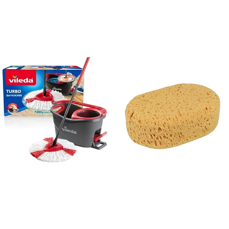 Vileda Turbo Microfibre Mop and Bucket Set, Spin Mop for Cleaning Floors, Set of 1x Mop and 1x Bucket,Grey/Red,48.5 x 27.5 x 28 cm & APA Natura 19630 Car Sponge 18 x 12 x 6.5 cm