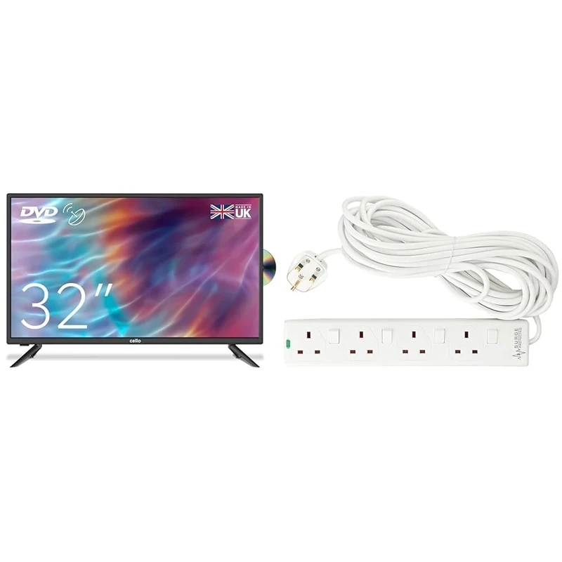 Cello ZF0223 32" inch HD Ready LED TV with built in DVD player with Freeview HD Built in Satellite & PRO ELEC PELB1942 4 Gang Switched Surge Protected Extension Lead White, 10m