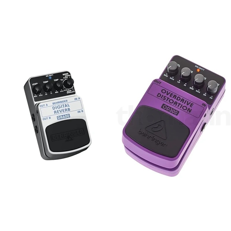 Behringer DIGITAL REVERB DR600 Digital Stereo Reverb Effects Pedal, Silver & OVERDRIVE/DISTORTION OD300 2-Mode Overdrive/Distortion Effects Pedal, Purple