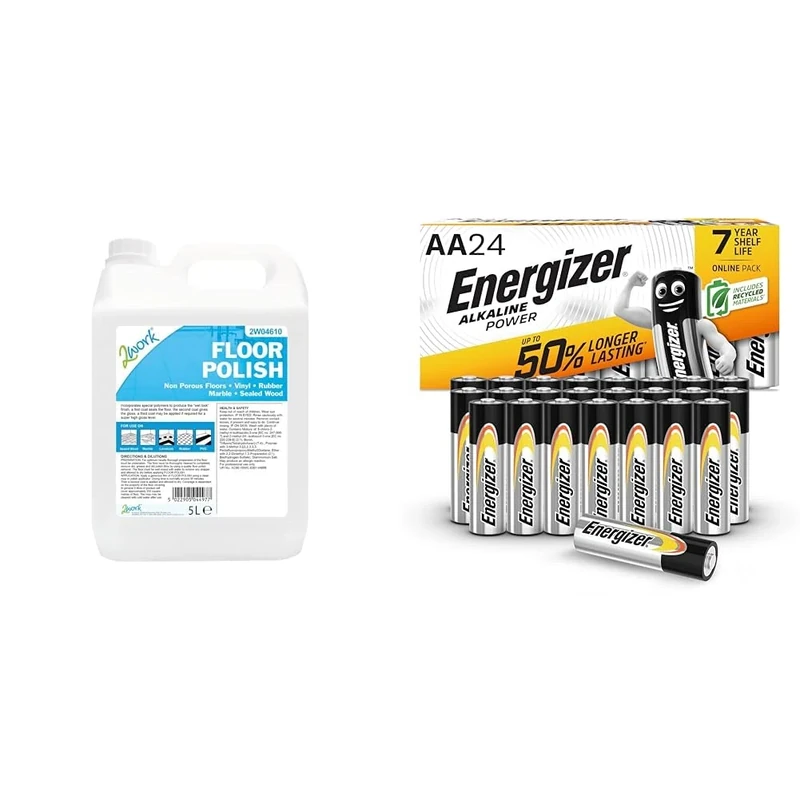 2Work 2W04610 Floor Polish 5 Litre & Energizer AA Batteries, Alkaline Power, 24 Pack, Double A Battery Pack - Amazon Exclusive