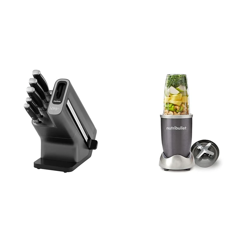 Ninja Foodi StaySharp Knife Block with Integrated Sharpener, 5-Piece Knife Set Includes Chef Knife & nutribullet 600 Series Starter Kit in Graphite with 700ml Cup - High Speed Nutrient Extractor