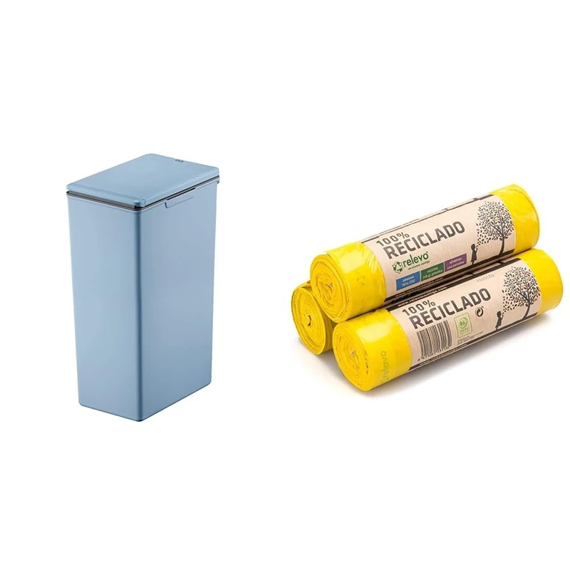 EKO - Morandi Kitchen Bin - Plastic Touch Recycling Bin - Perfect for Kitchen & Home, Titanium Blue, 30 Litre & Relevo 100% Recycled Bin Liners, Heavy Duty 30L, 3 x 15 Bin Bags
