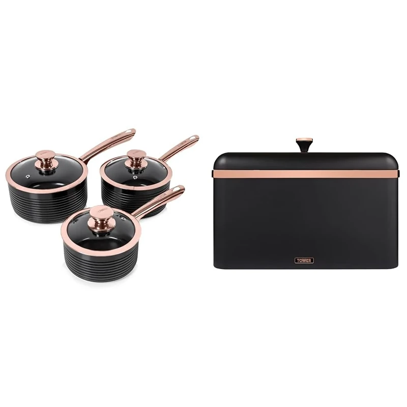 Tower T800001RB Linear Non Stick Induction Saucepans Sets with Lids, Easy Clean, Black and Rose Gold & T826130BLK Cavaletto Bread Bin with Removable Lid, Large Capacity, Durable Steel Body, Black