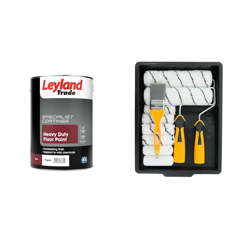 Leyland Trade 264615 Heavy Duty Floor Paint - Frigate 5L & Coral 10501 Paint Kit with Headlock and Mini Roller Frame and Hybrid Brush, Set of 12 Pieces