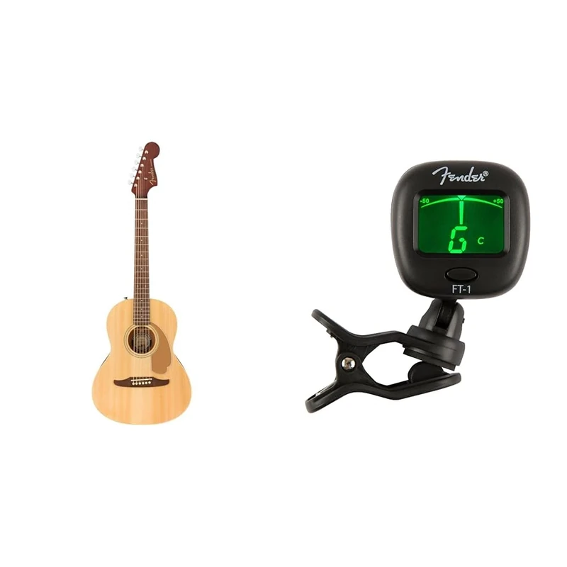 Fender Sonoran Mini Acoustic Guitar, Natural, includes a Guitar Gig Bag & FT-1 Pro Clip-On Tuner, For Electric, Acoustic & Bass Guitars & Ukuleles, Black