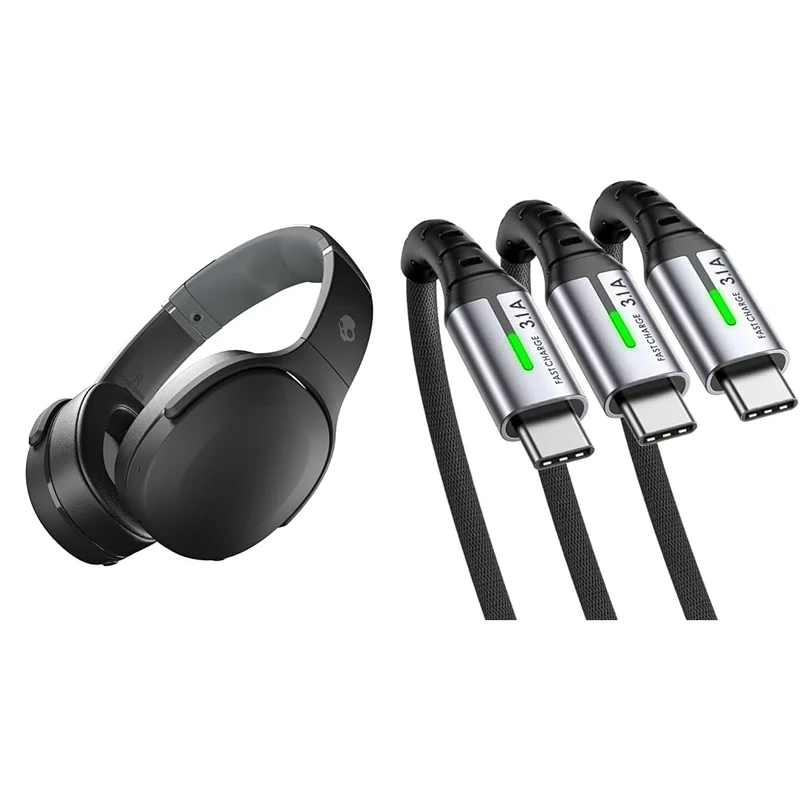 Skullcandy Crusher Evo Over-Ear Wireless Headphones with Sensory Bass, 40 Hr Battery, Microphone & INIU USB C Charger Cable, [3 Pack, 2+2+0.5m] USB A to USB C Cable 3.1A Fast Charging