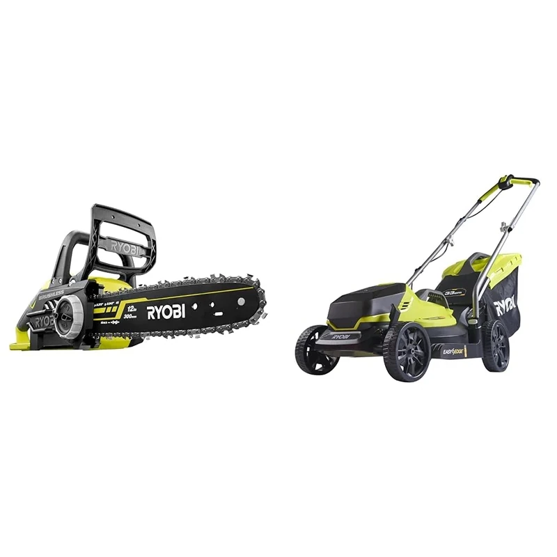 Ryobi OCS1830 18 V 30 cm Bar ONE+ Cordless Brushless Chain Saw & OLM1833B 18V ONE+ Cordless 33cm Lawnmower (Body Only), Anthracite/Green