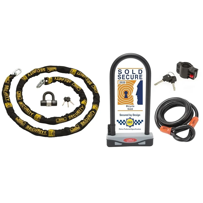 Burg-Wachter Sold Secure Gold Bike Chain & Lock Kit, Black, 3M & Burg Wächter 2.1 1600 HB KIT Gold Sold Secure Bicycle D Lock, Black, Large-2.1M Cable