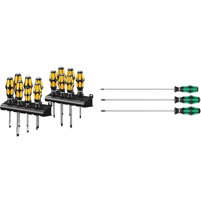Wera 05133285001 Screwdriver Set Kraftform Big Pack 900, Silver, 13 Pieces & 335/350/355/3 Kraftform Plus Extra-Long Screwdriver Set, PH/PZ/SL, 3pc, 05347735002
