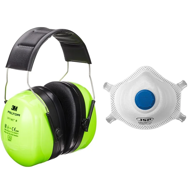 3M PELTOR Optime III Ear Muffs, Headband, 35 dB, Hi-Viz, H540A-461-GB & JSP M632 FFP3moulded Disposable Dustmask (Box of 10) One Size suitable for Construction