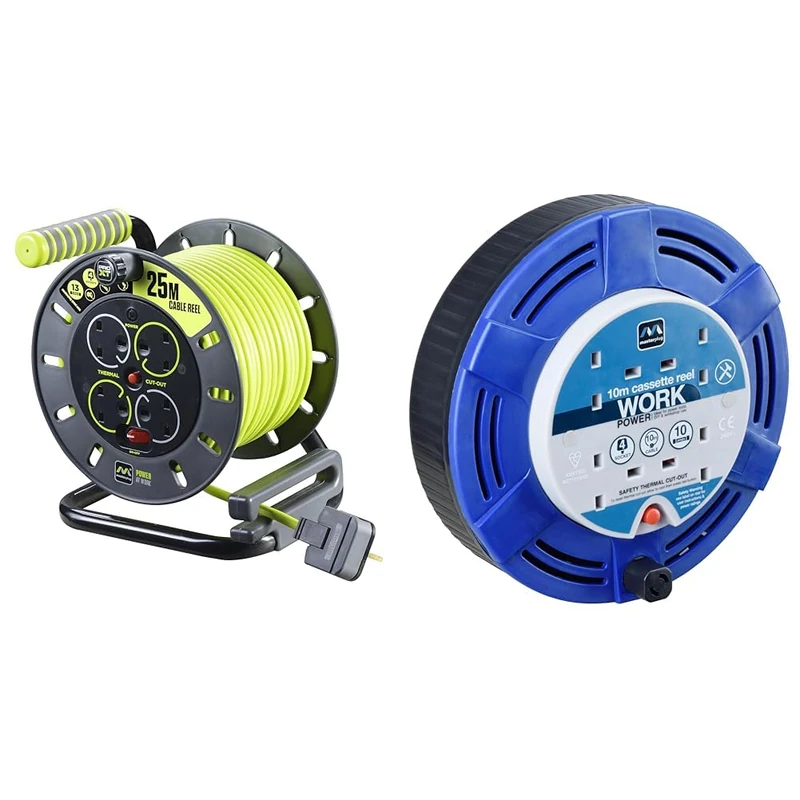 Masterplug Pro-XT Four Socket Open Cable Reel Extension Lead with Winding Handle, Thermal Cut Out & MCT1010/4BL Four Socket 10A Cassette Cable Reel with Thermal Cut-Out, 10 Metres, Blue