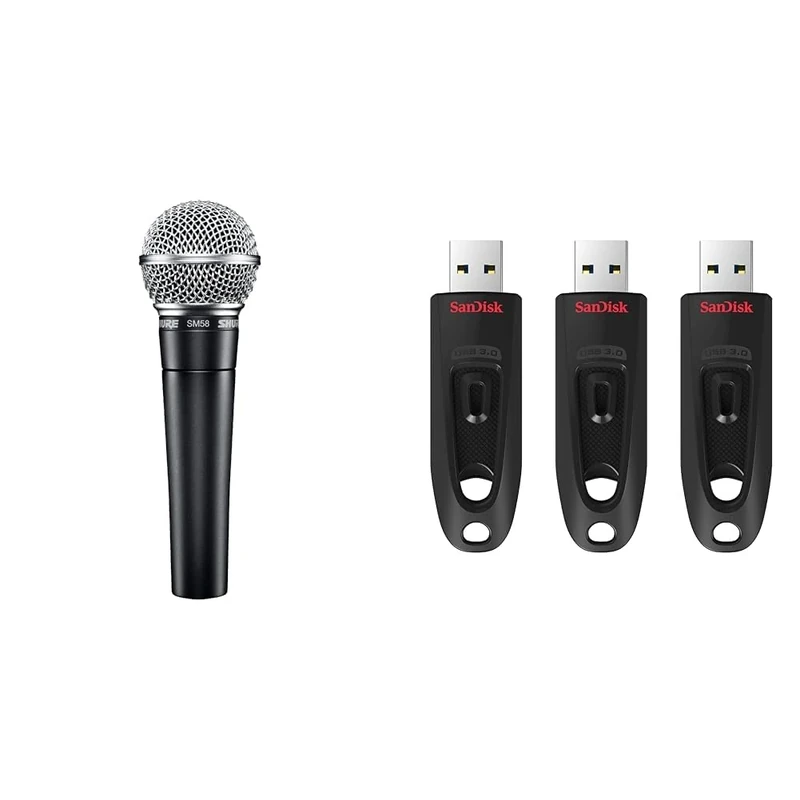 Shure SM58-LC Cardioid Dynamic Vocal Microphone with Pneumatic Shock Mount, Spherical Mesh Grille & SanDisk 32GB Ultra USB 3.0 Flash Drive, USB stick, memory stick with transfer speeds up to 130MB/s