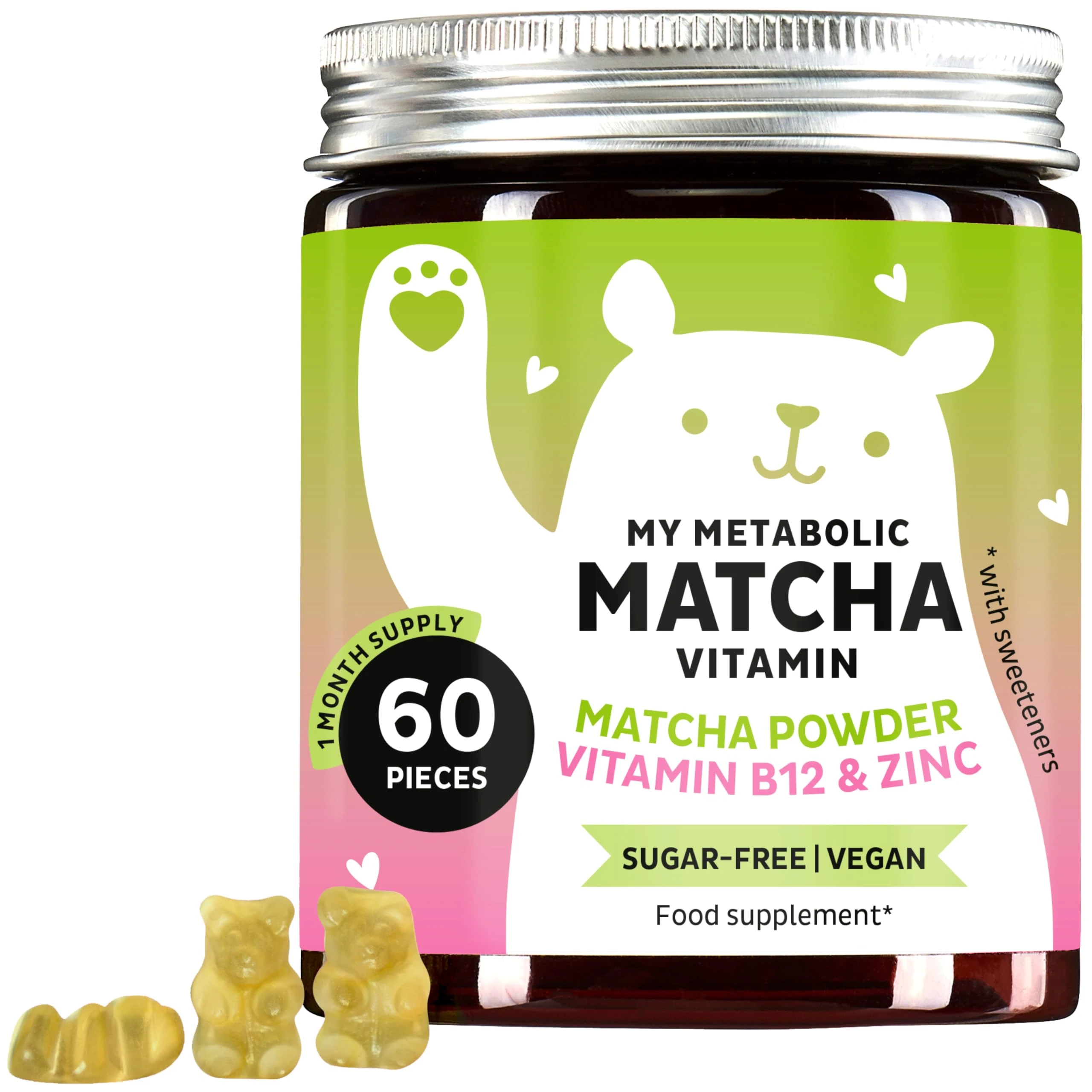 My Metabolic Matcha Vitamin Gummies – Natural Energy Supplement – Antioxidant – with Matcha, Coenzyme Q10, Zinc, Vitamin B12 – 60 Pieces – Sugar-Free, Vegan – Bears with Benefits