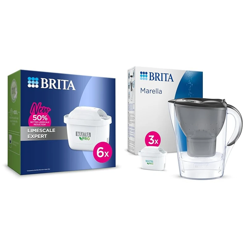 BRITA MAXTRA PRO Limescale Expert Water Filter Cartridge 6 Pack (NEW) - Original BRITA Refill & Marella Water Filter Jug Graphite (2.4L) Starter Pack incl. 3X MAXTRA PRO All-in-1 Cartridge