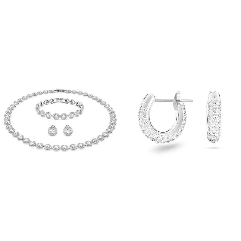 Swarovski Angelic set, Round cut, White, Rhodium plated & Women's Stone Hoop Pierced Earrings, Set of Brilliant White Crystal Hoop Earrings with Rhodium Plating