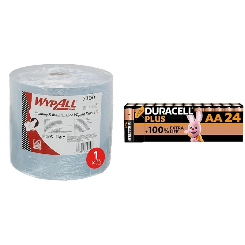 WypAll L20 Cleaning and Maintenance Jumbo Roll Wiping Paper 7300 - Paper Roll for Cleaning - 1 Blue & Duracell Plus AA Batteries (24 Pack) - Alkaline 1.5V - Up to 100% Extra Life