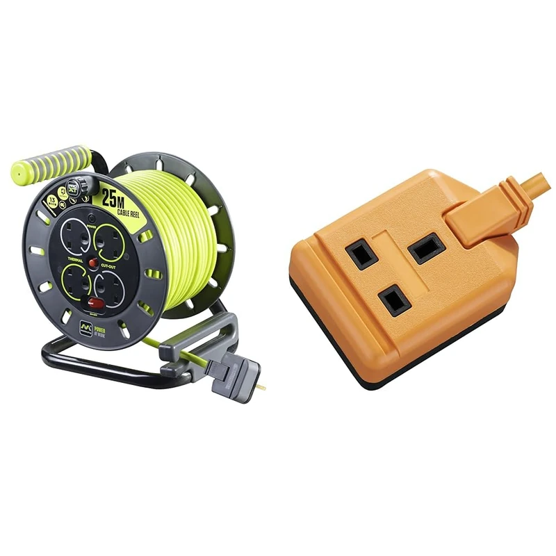 Masterplug Pro-XT Four Socket Open Cable Reel Extension Lead with Winding Handle, Thermal Cut Out & EXS13110O-01 Heavy Duty Single Socket Extension Lead, 10 Metres, Orange
