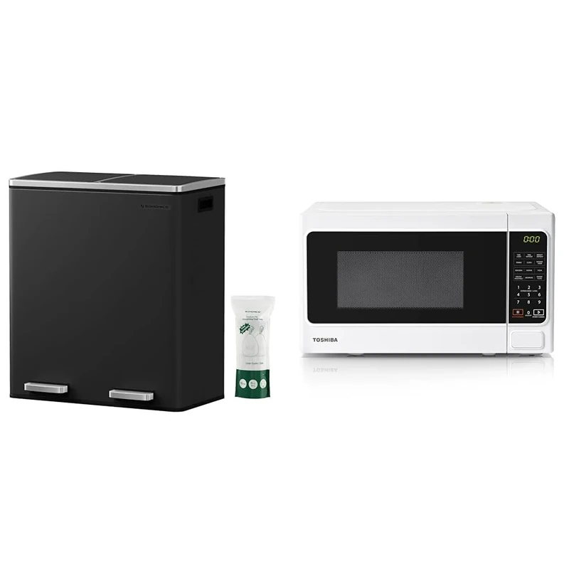 SONGMICS Double Rubbish Bin, 2 x 30L Waste and Recycling Kitchen Bin with 15 Rubbish Bags & Toshiba 800w 20L Microwave Oven with 6 Preset Recipes, 11 Power Levels