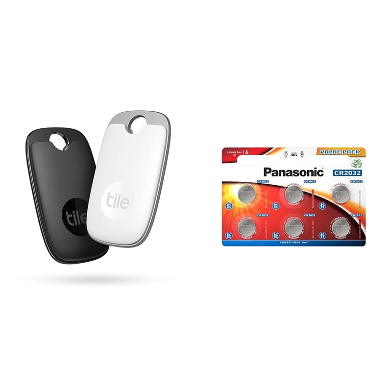 Tile Pro (2022) Bluetooth Item Finder, 2 Pack, 120m finding range, works with Alexa and Google Smart & Panasonic CR2032 Lithium 3 Volt Battery card of 6