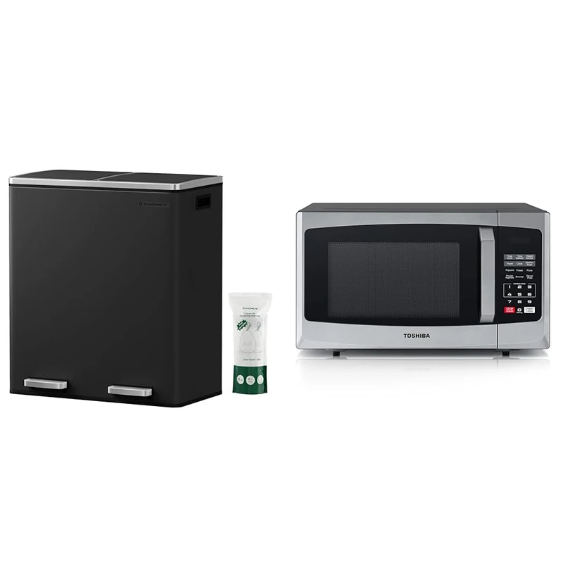 SONGMICS Double Rubbish Bin, 2 x 30L Waste and Recycling Kitchen Bin with 15 Rubbish Bags & Toshiba 800w 23L Microwave Oven with Digital Display, Auto Defrost, One-Touch Express Cook