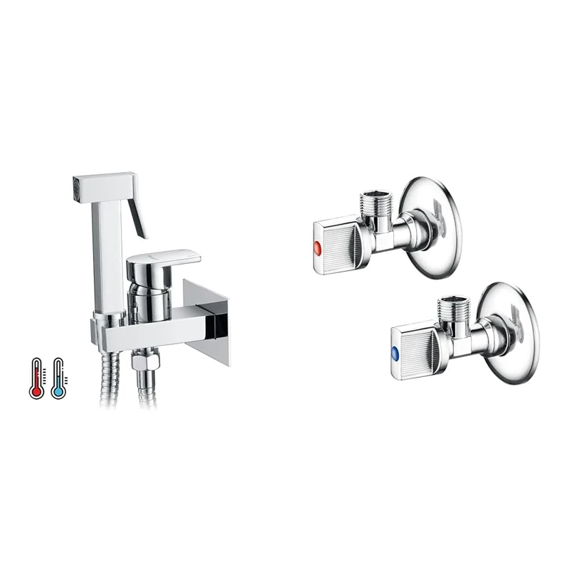 Ibergrif M22019 - Muslim Shower Mixer Kit, Hot and Cold Bidet Spray with Shattaf Sprayer, Hose Pipe & Angled Water Isolating Valves Wall Mounted Basin Sink 1/2" x 1/2" BSP, Warmer System