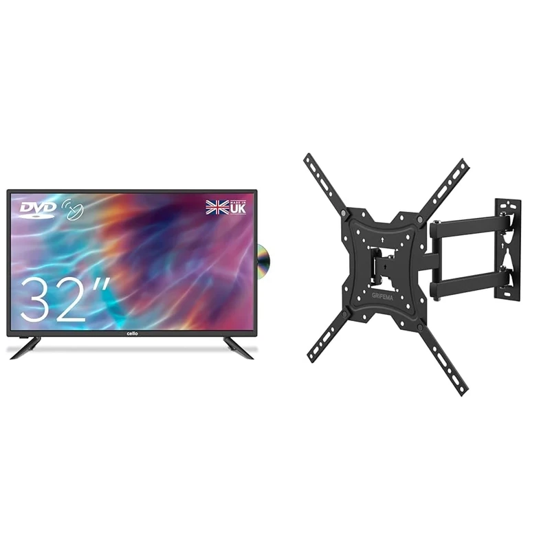 Cello ZF0223 32" inch HD Ready LED TV with built in DVD player with Freeview HD Built in Satellite & GRIFEMA GB1004 Swivel TV Wall Bracket, for 26-55 inch Screens, for Flat & Curved TV up to 30KG