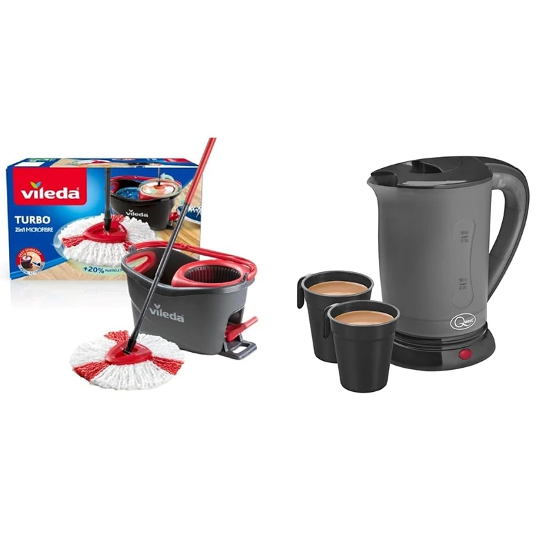 Vileda Turbo Microfibre Mop And Bucket Set, Spin Mop For Cleaning Floors, Set Of 1x Mop And 1x Bucke & Quest Black Travel Kettle with 2 Cups | Portable & Lightweight | Dual Voltage