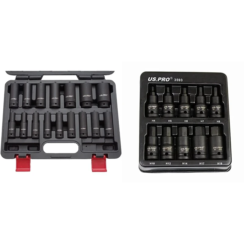 US PRO 16PC 1/2'' Dr 6-Point European Deep Impact Socket Set B1340 & Tools 10pc Impact Hex Bit Socket Set 1/2'' Drive 4mm to 19mm 3593