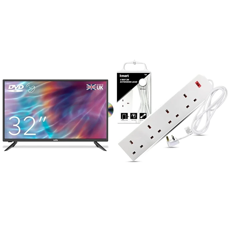 Cello ZF0223 32" inch HD Ready LED TV with built in DVD player with Freeview HD Built in Satellite & Heavy Duty Extension Lead UK Pin Plug and Cable, 4 Gang Way 2m Power Adapter