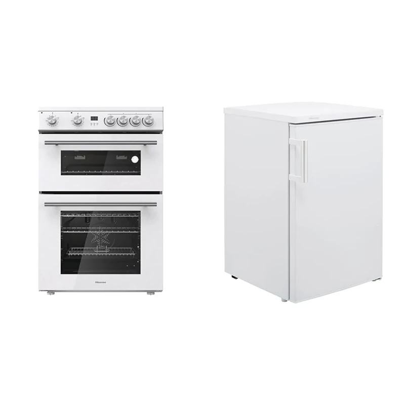 Hisense HDE3211BWUK 60cm Electric Cooker with Ceramic Hob-White A Rated Double Oven - White & RL170D4BWE Freestanding 56cm Under Counter Fridge - 132 litre capacity - Auto Defrost