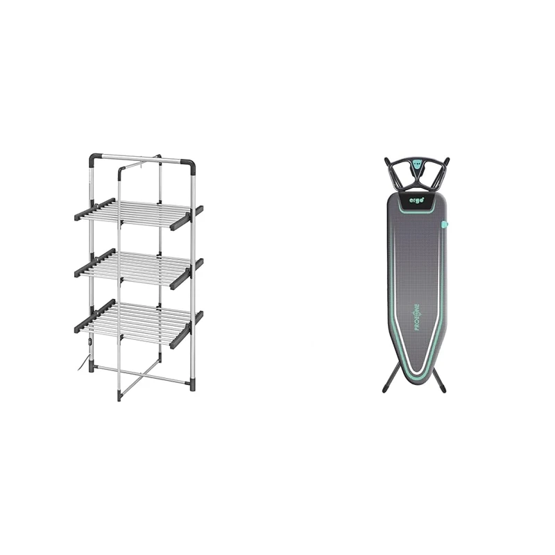 Black+Decker 63099 3-Tier Heated Clothes Airer Aluminium, Cool Grey, 140cm x 73cm x 68cm & Minky Ergo Mint Prozone Ironing Board, Black, 122 x 38cm [Amazon Exclusive]