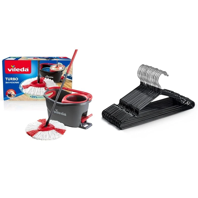 Vileda Turbo Microfibre Mop And Bucket Set, Spin Mop For Cleaning Floors, Set Of 1x Mop And 1x Bucke & KEPLIN 20 Pack Premium Rubber Coated Metal Hangers - Heavy DutY