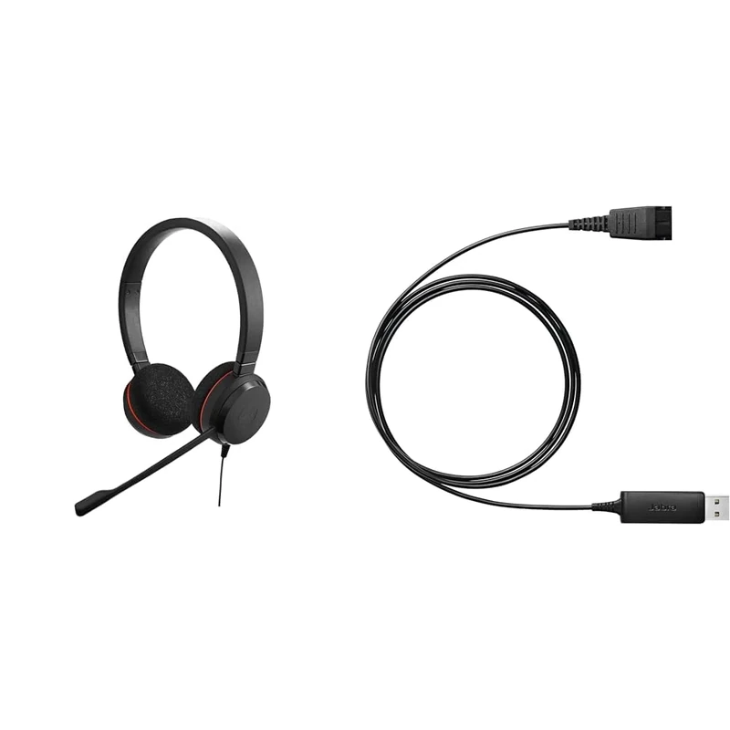 Jabra Evolve 20 Stereo Headset – Microsoft Certified Headphones for VoIP Softphone & Link 230 USB Adapter for Corded QD Headset, black