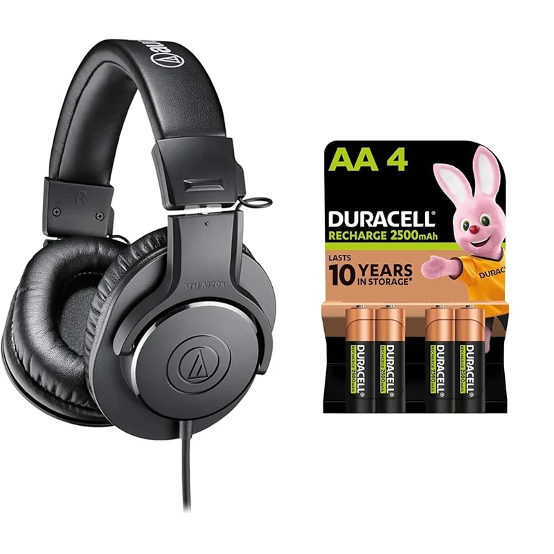 Audio-Technica M20x Professional Monitor Headphones Black & Duracell Rechargeable AA Batteries (Pack of 4), 2500 mAh NiMH, pre-charged, Our No. 1 Longest Lasting Rechargable battery