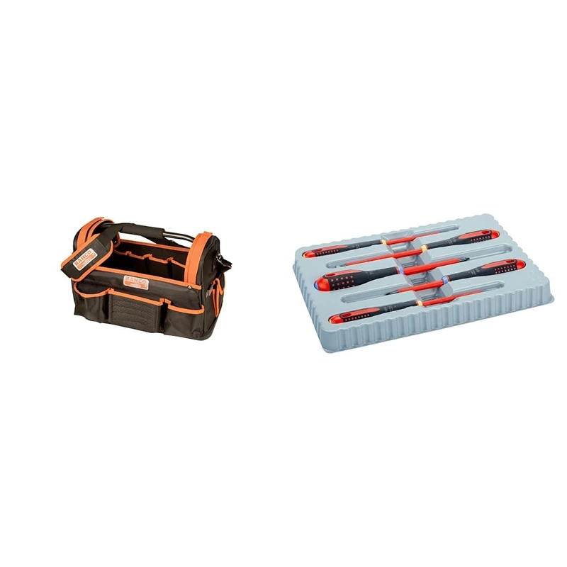 Bahco 3100TB Open Tool Bag & BE-9882S Insulated Ergo VDE Screwdriver Set, Slotted/Pozidriv, 5 Pieces