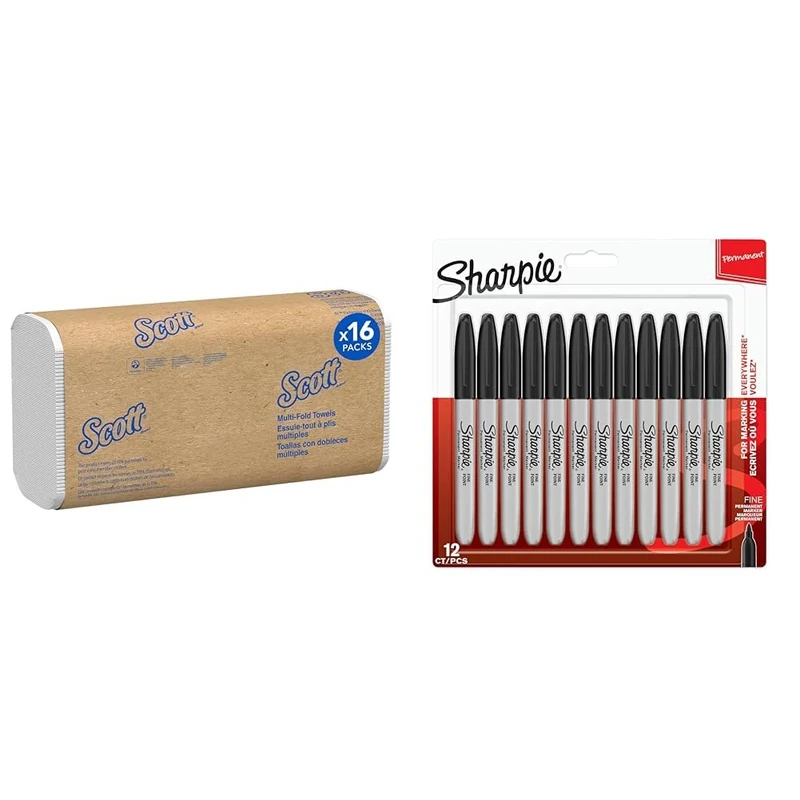 Scott Multifold Hand Towels 1804 - Z Fold Paper Towels - 16 Packs x 250 White Paper Hand Towels (4,000 Total) & Sharpie Permanent Markers | Fine Point for Bold Details | Black Ink | 12 Marker Pens
